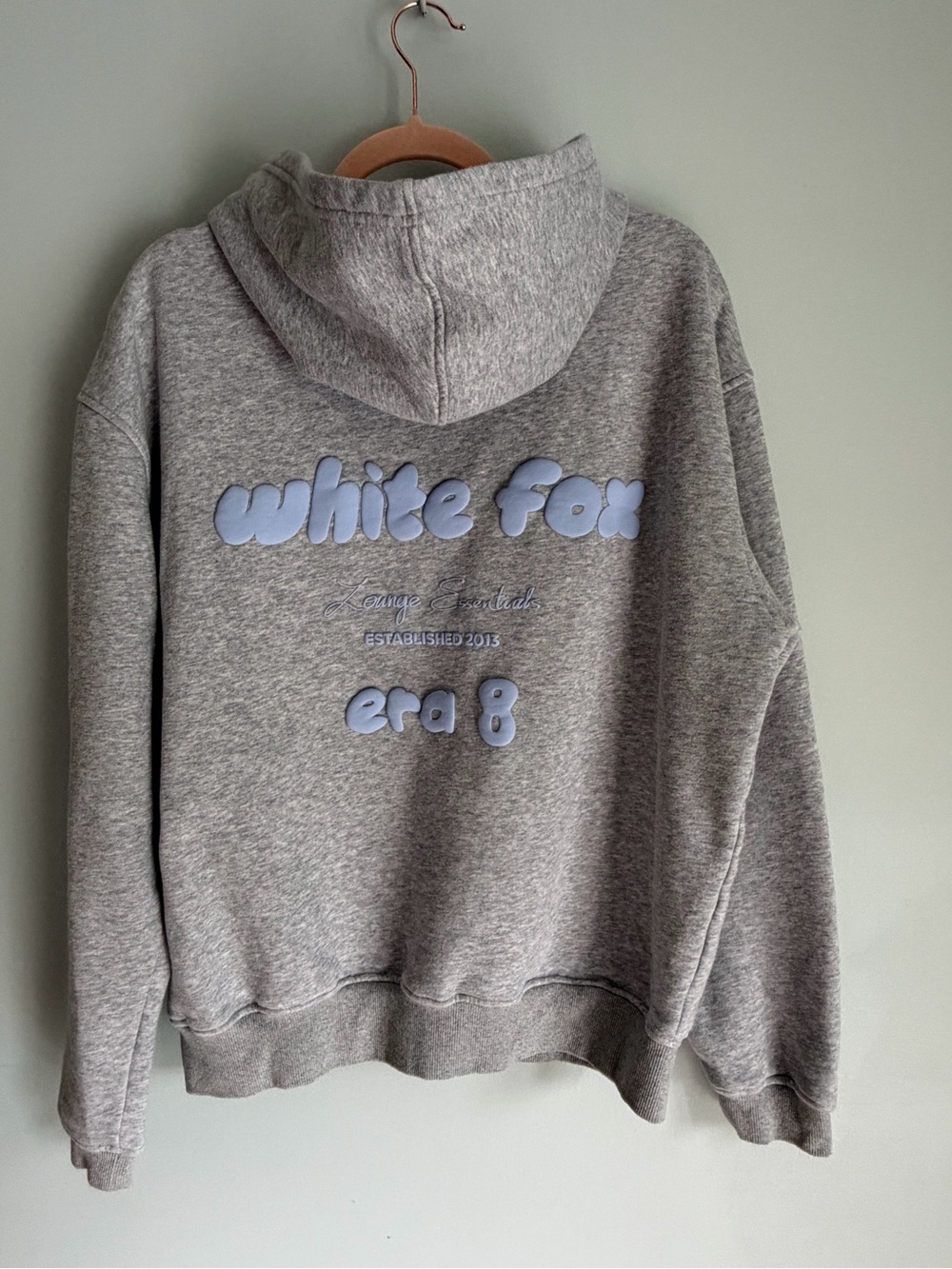 White Fox M/L Grey and Baby Blue Hoodie.  Era 8